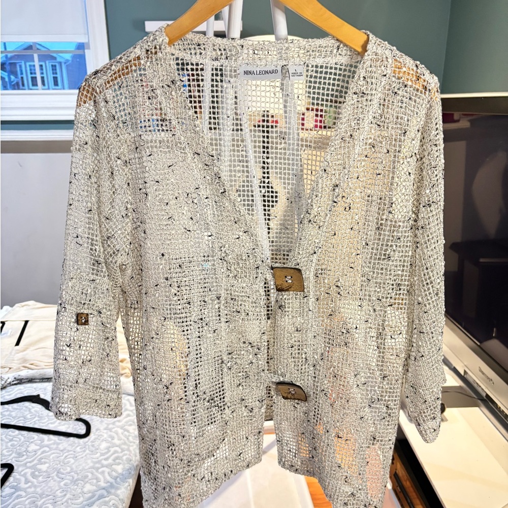 Nina Leonard Open-Weave Cream Cardigan Jacket